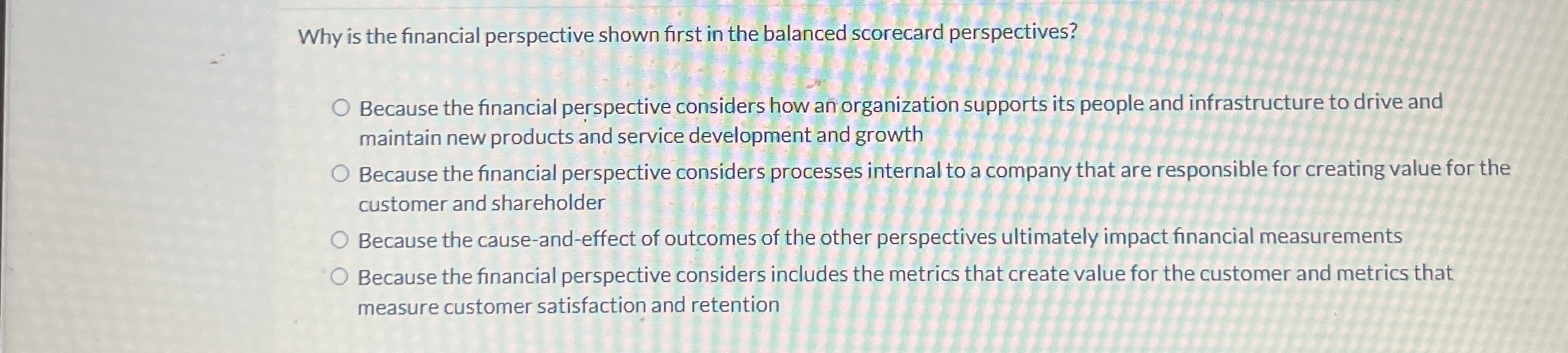  Why is the financial perspective shown first in the balanced scorecard