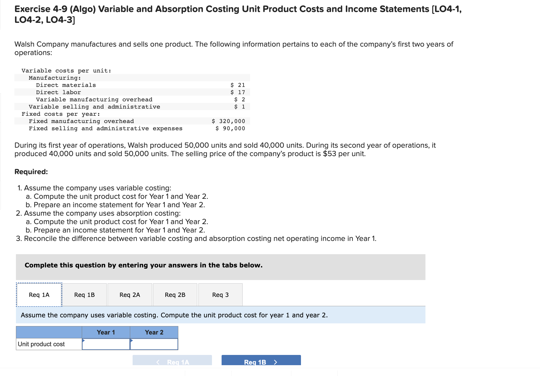  Exercise 4-9 (Algo) Variable and Absorption Costing Unit Product Costs and