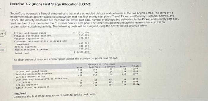  Exercise 7-2 (Algo) First Stage Allocation [LO7-2] Securicorp operates a fleet
