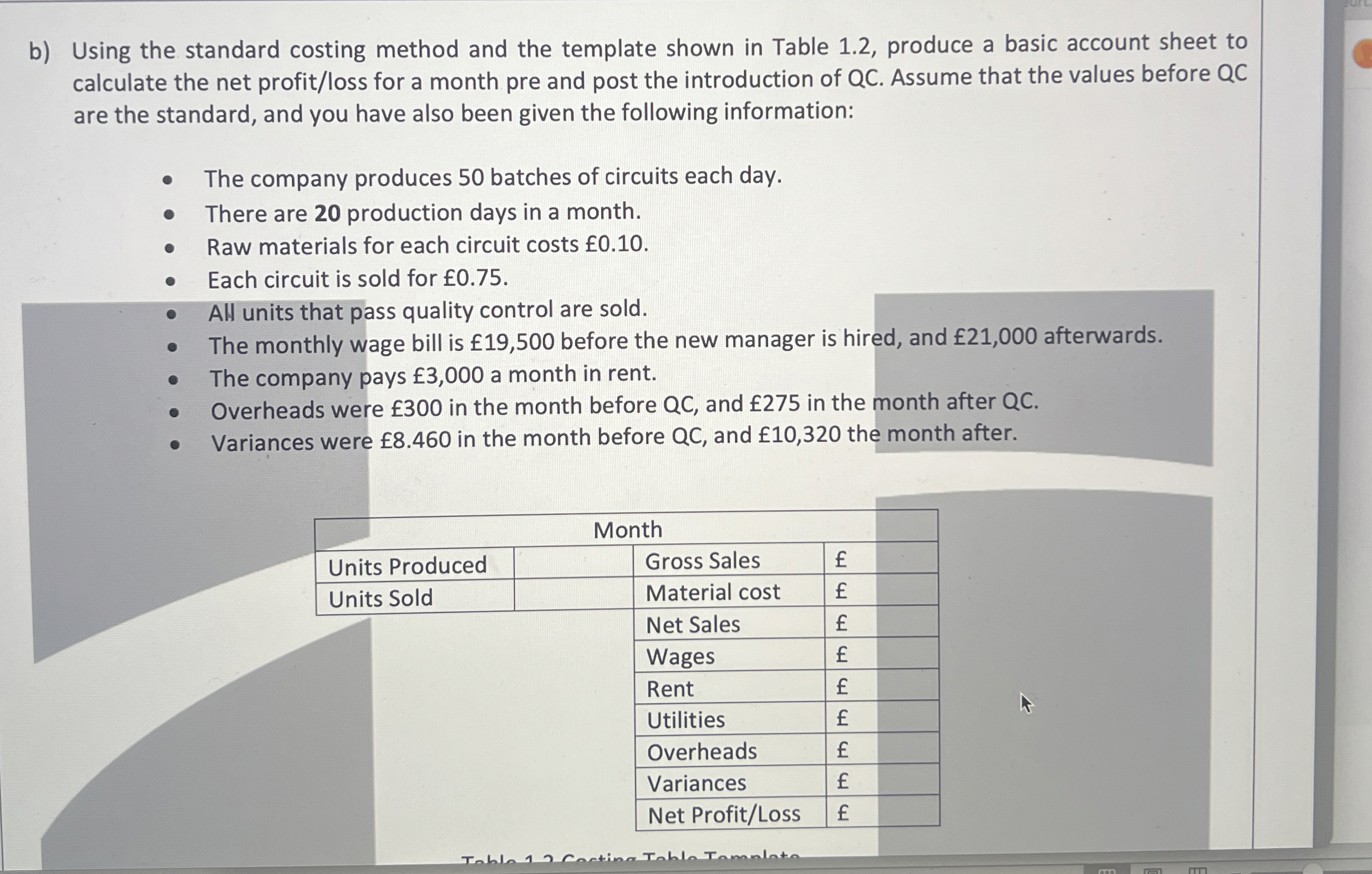  b) Using the standard costing method and the template shown in