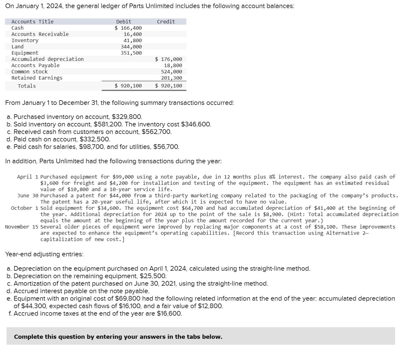  On January 1,2024, the general ledger of Parts Unlimited includes the