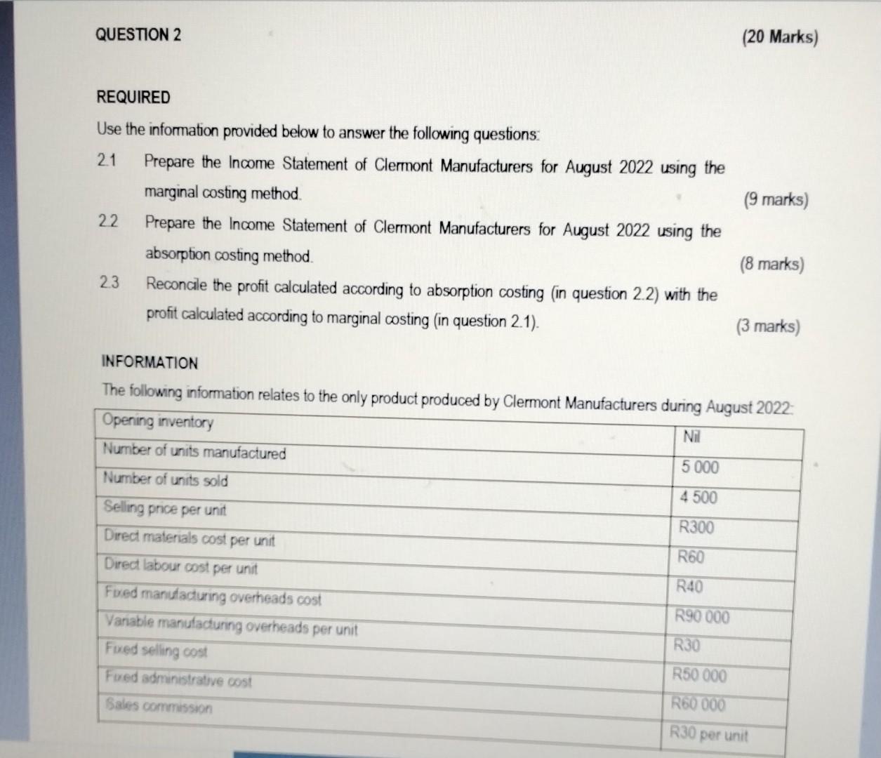 REQUIRED Use the information provided below to answer the following questions: