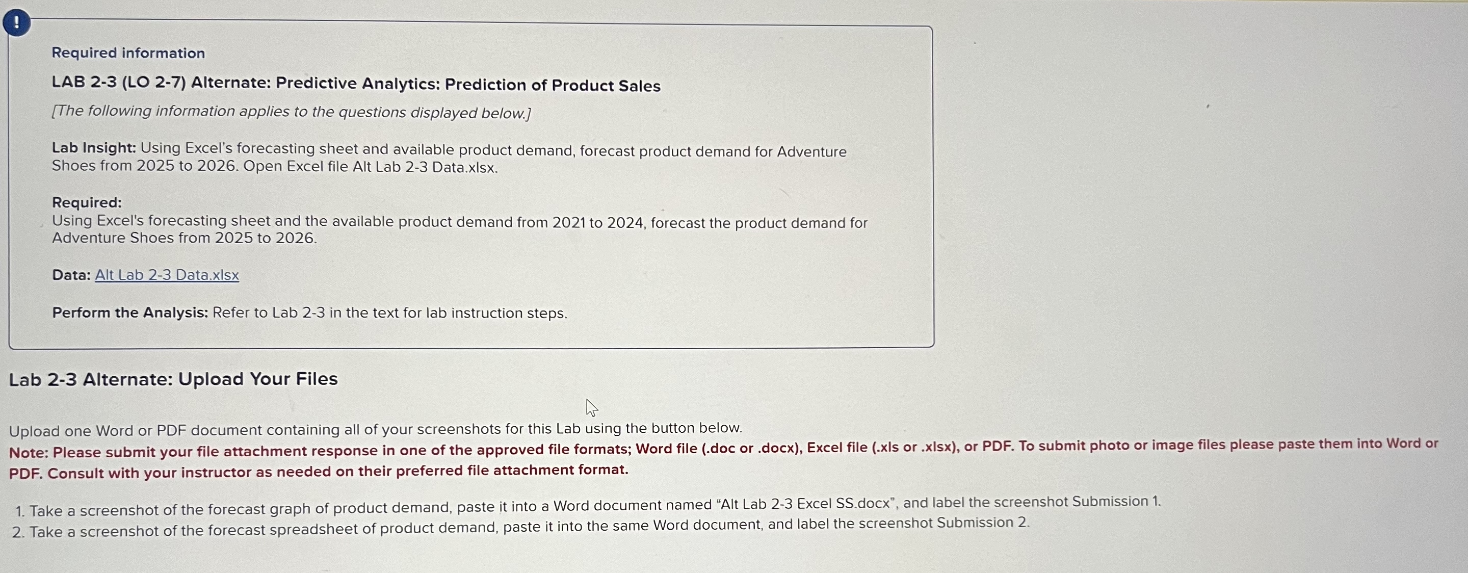  Required information LAB 2-3(LO 2-7) Alternate: Predictive Analytics: Prediction of Product