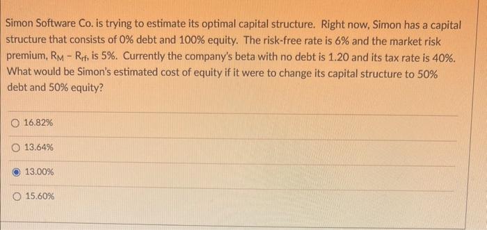  Simon Software Co. is trying to estimate its optimal capital structure.