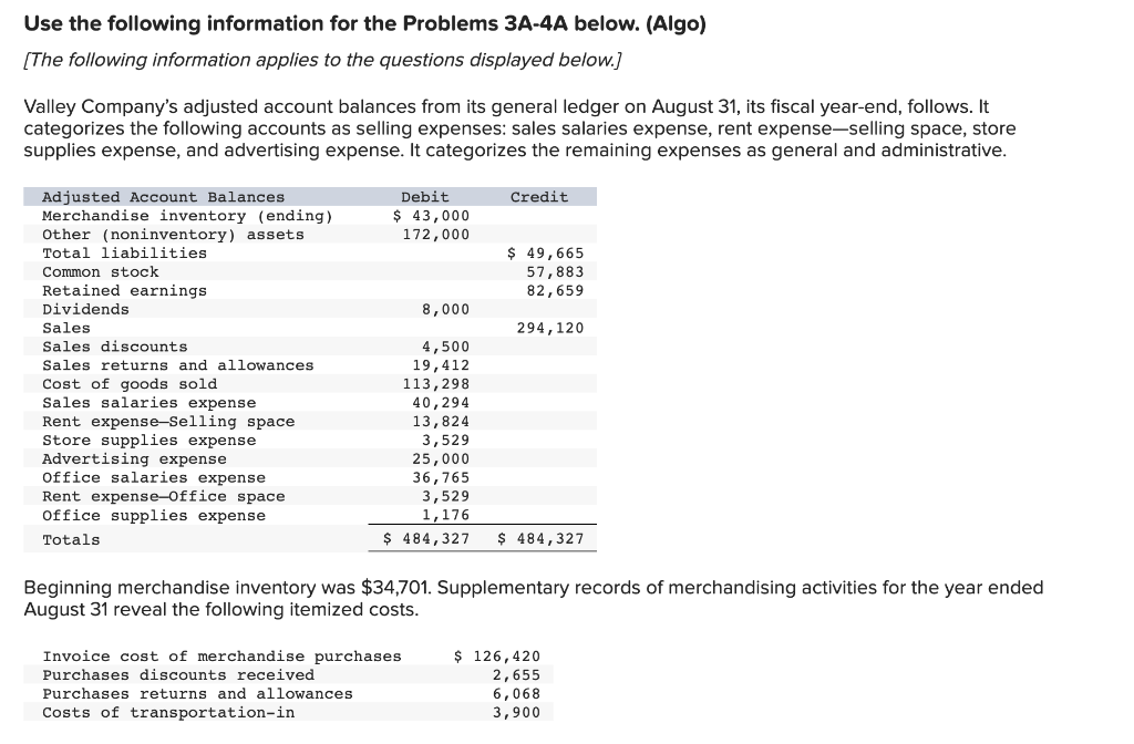  Use the following information for the Problems 3A4A below. (Algo) [The