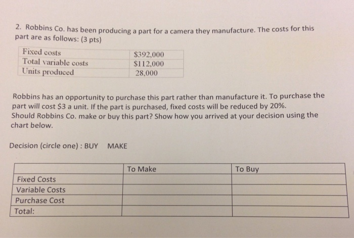  2. Robbins Co. has been producing a part for a camera