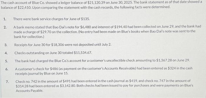  Prepare a bank reconciliation dated June 30,2025 , proceeding to a