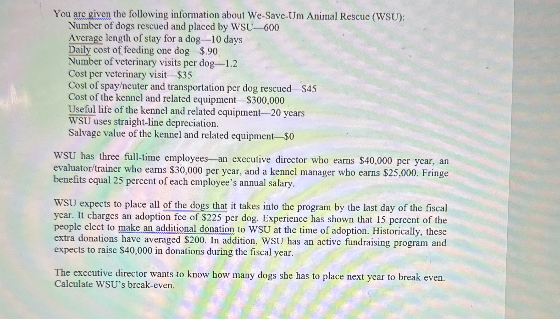  You are given the following information about We-Save-Um Animal Rescue (WSU):
