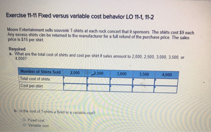  Exercise 11-11 Fixed versus variable cost behavior LO 11-1, 11-2 Moore