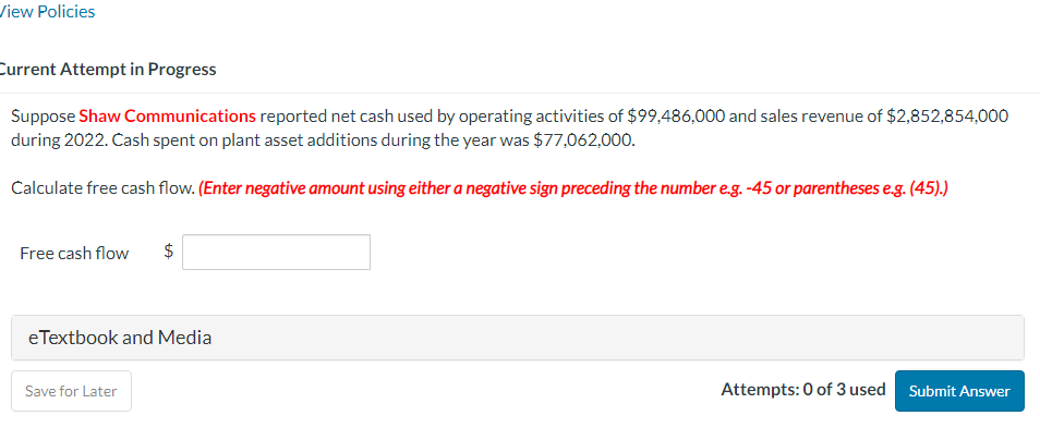  /iew Policies Current Attempt in Progress Suppose Shaw Communications reported net