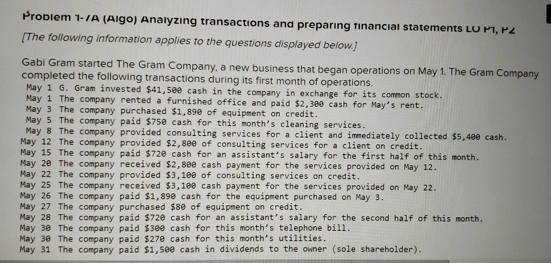 help asap Problem 1-1A (Algo) Analyzing transactions and preparing financial statements
