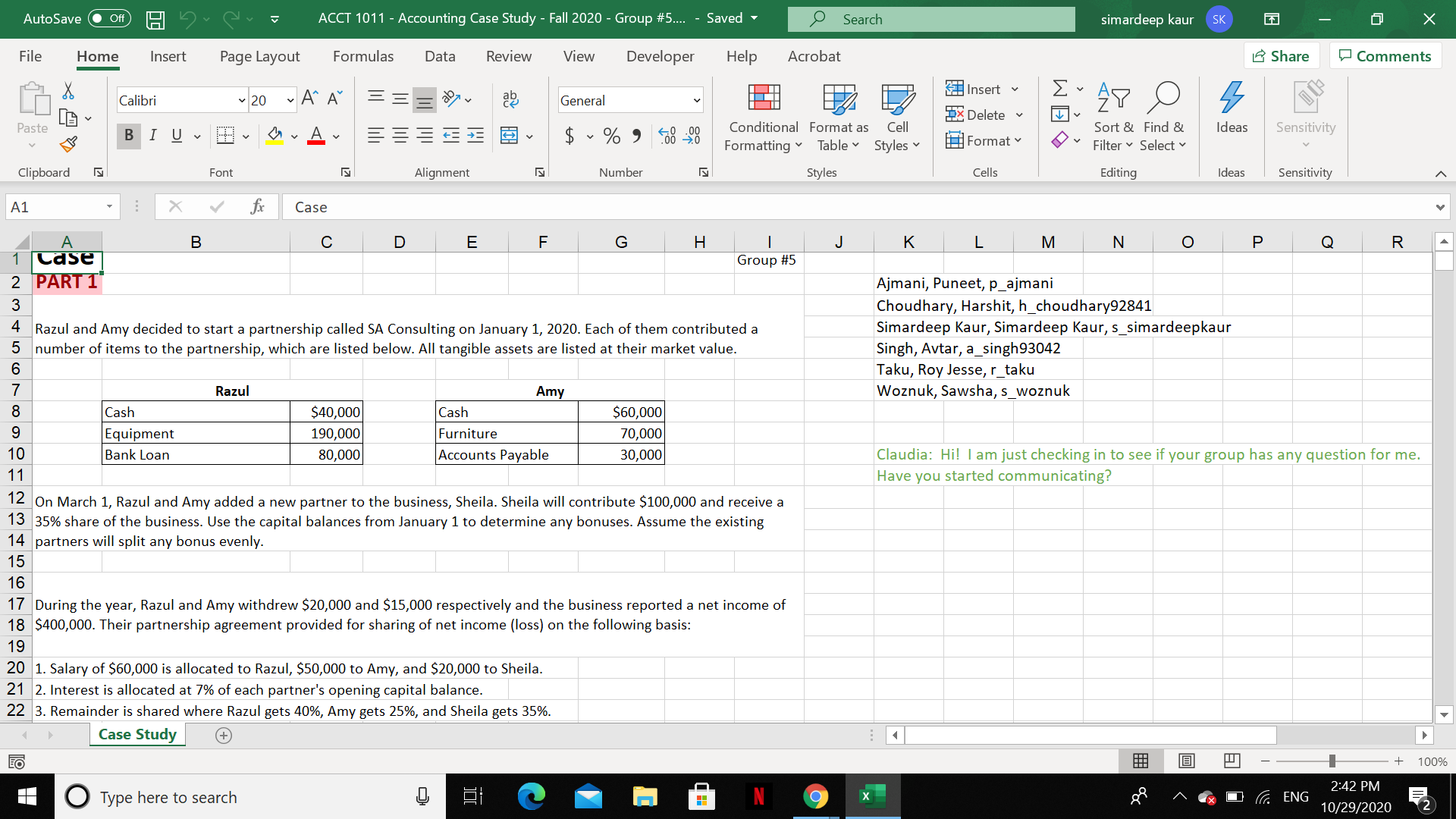 AutoSave Off B. ACCT 1011 - Accounting Case Study - Fall