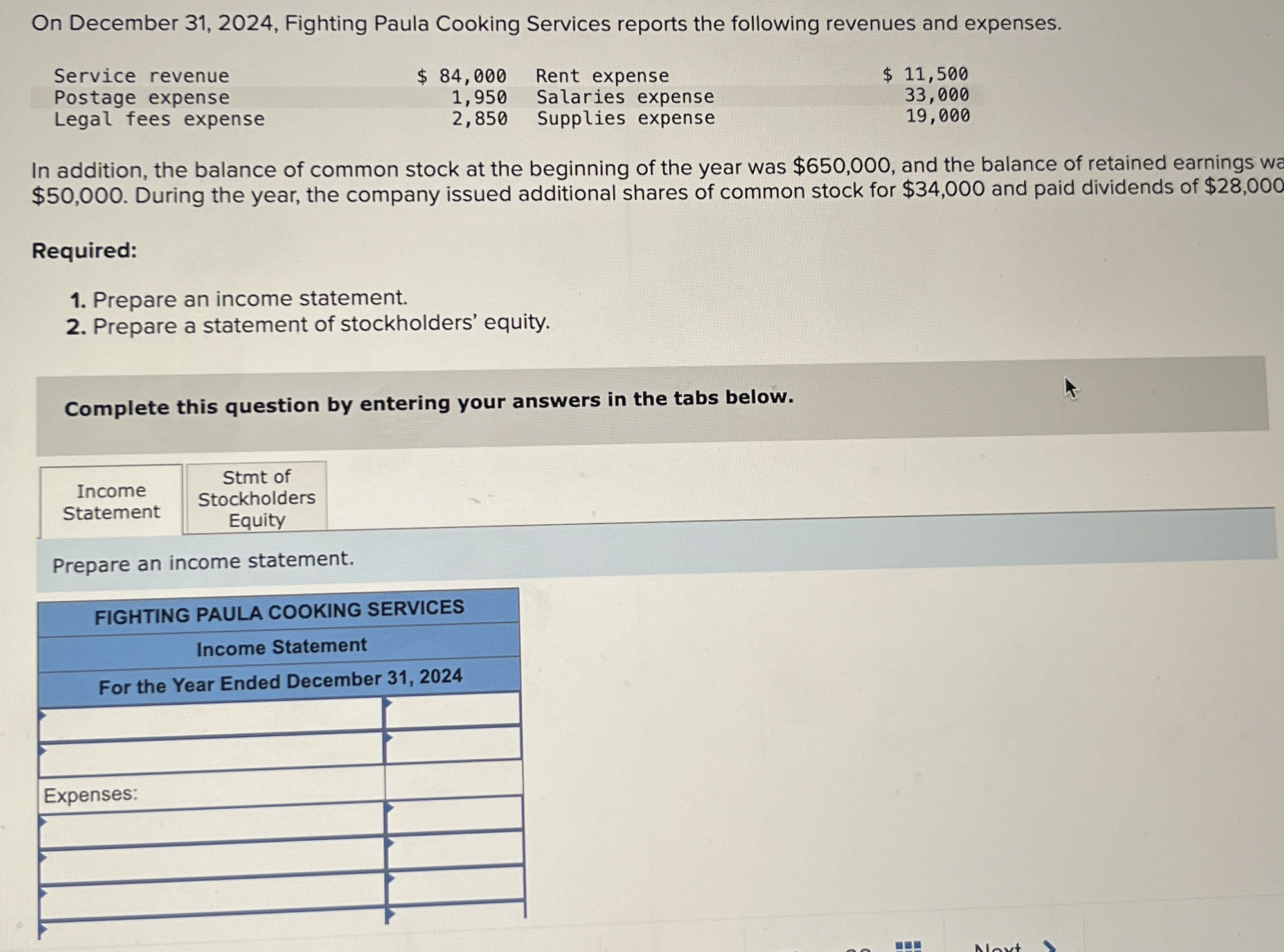  On December 31,2024, Fighting Paula Cooking Services reports the following revenues