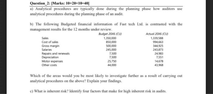 auditing course Question_2: |Marks: 10+20+10-40| a) Analytical procedures are typically done during