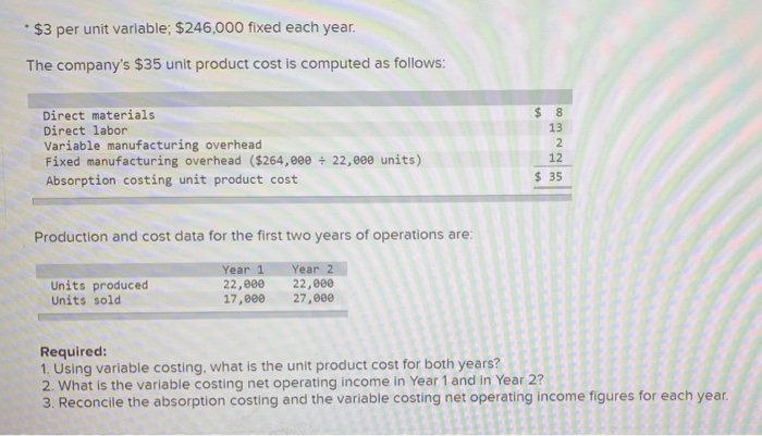  *$3 per unit variable: $246,000 fixed each year. The company's $35