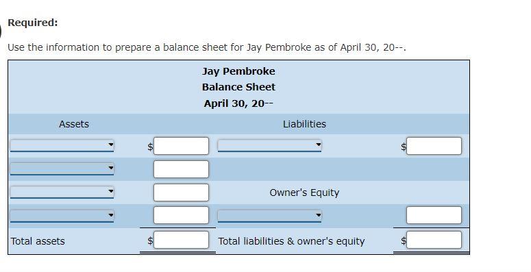Hello Please help Balance Sheet Jay Pembroke started a business. During the