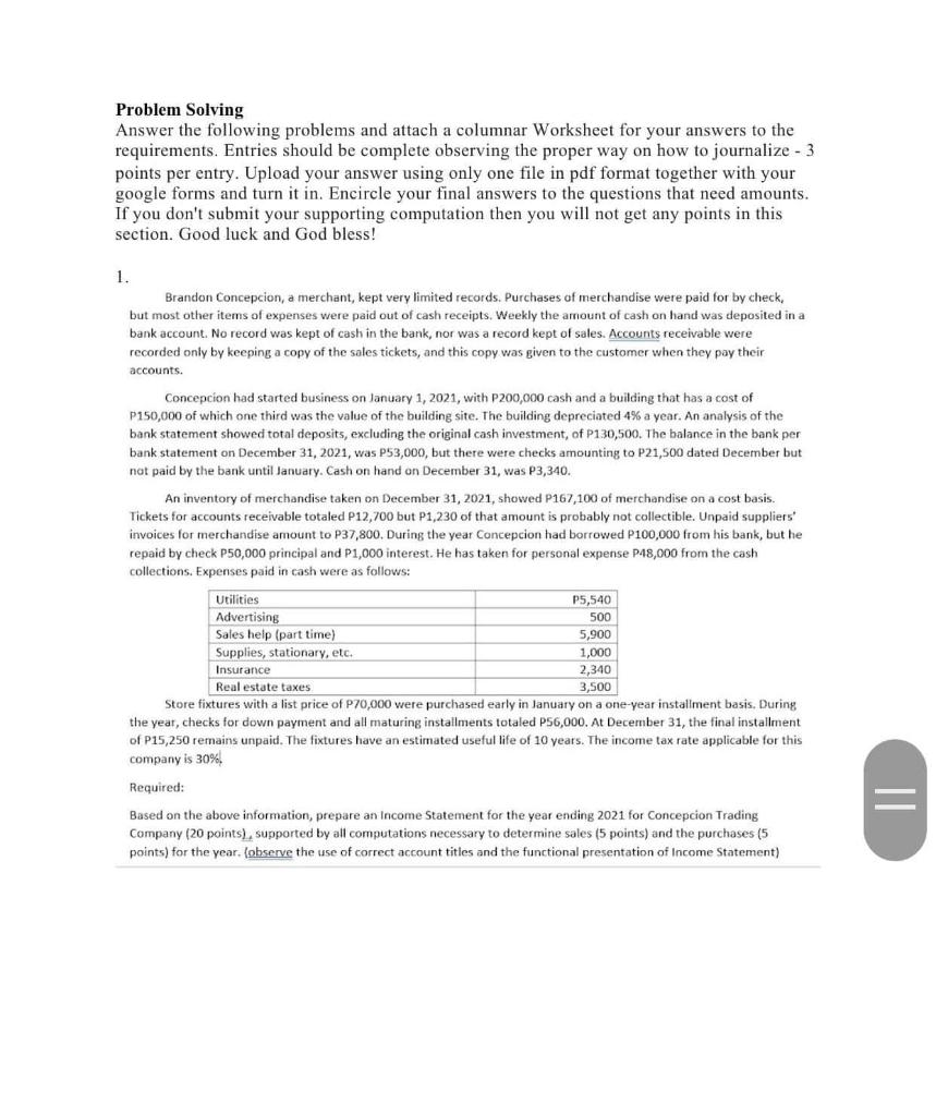  Problem Solving Answer the following problems and attach a columnar Worksheet