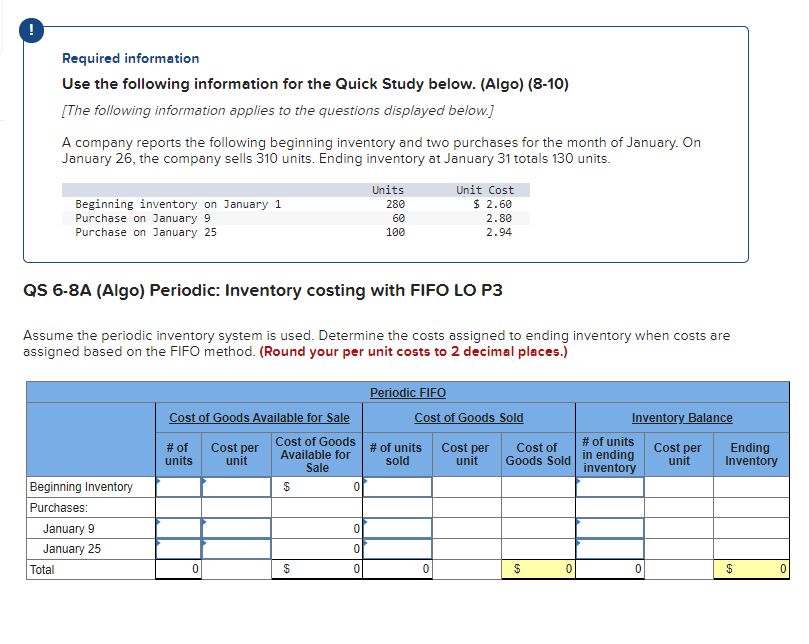 Required information Use the following information for the Quick Study below.
