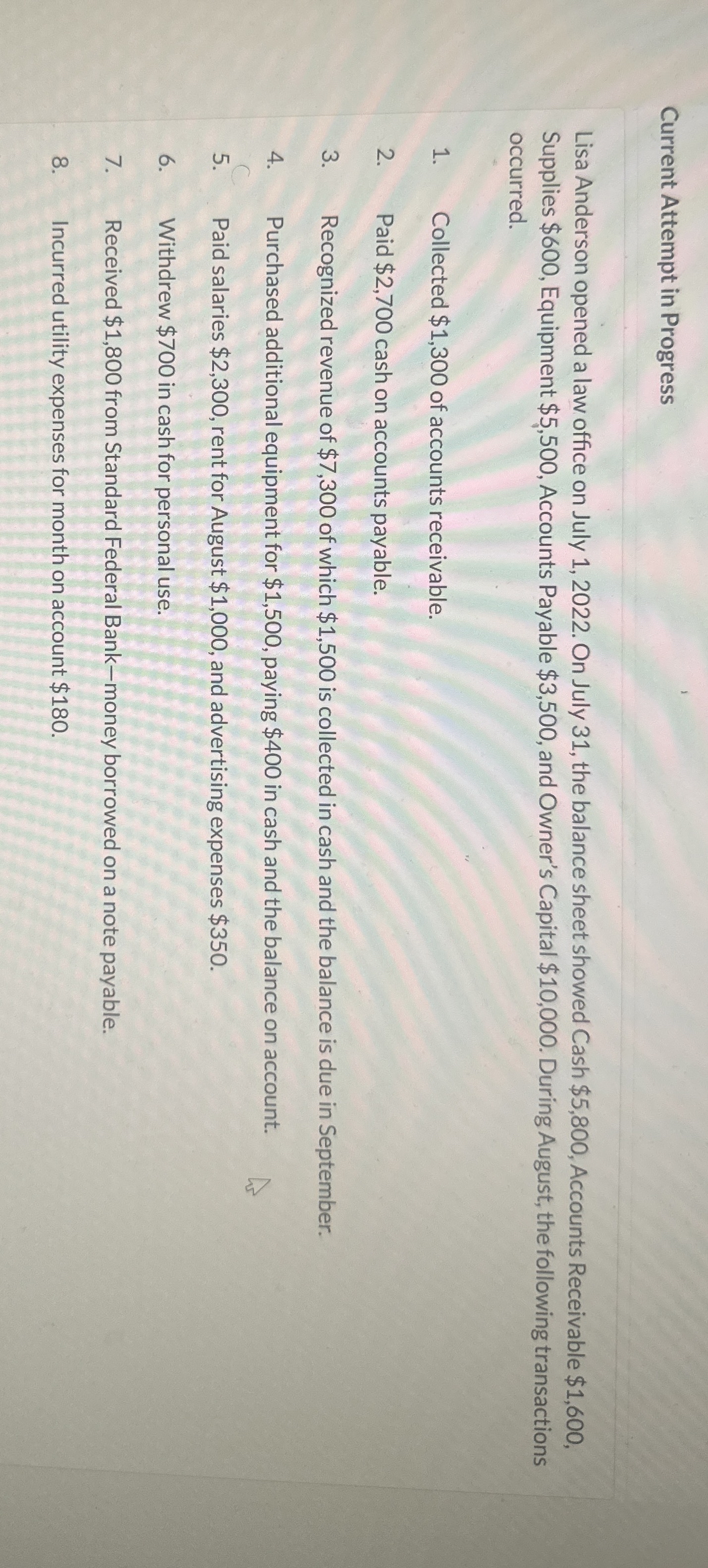  Current Attempt in Progress Lisa Anderson opened a law office on