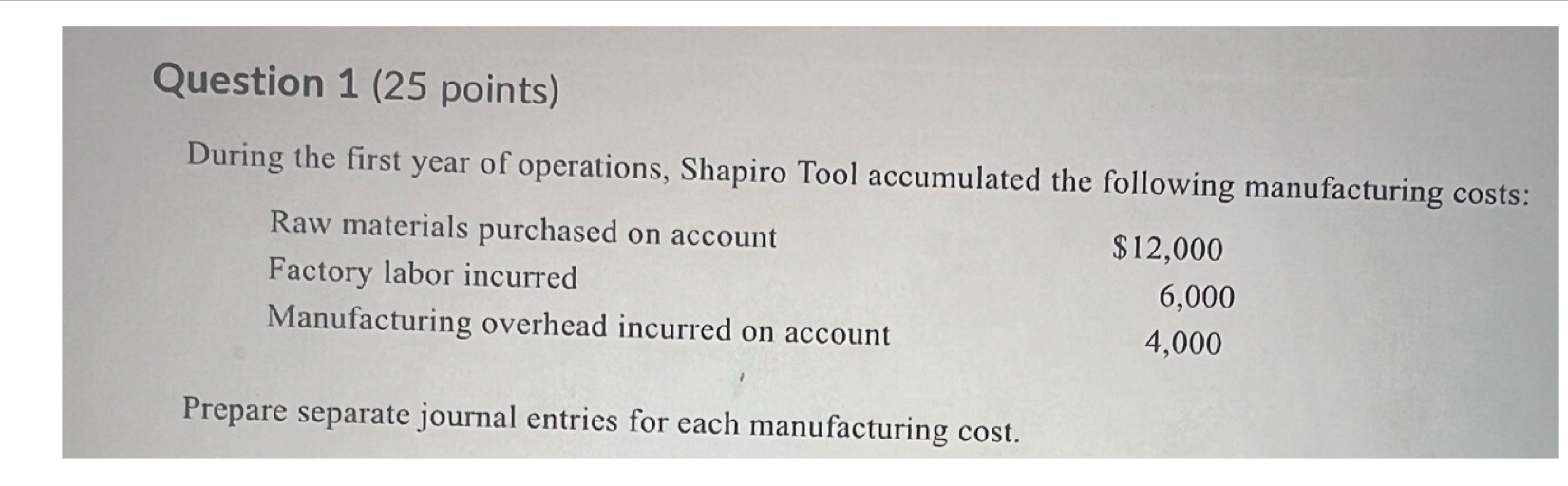  Question 1(25 points) During the first year of operations, Shapiro Tool