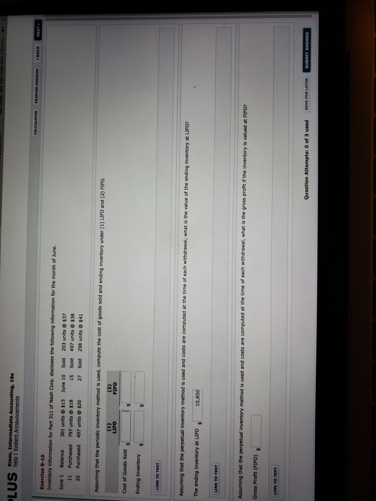  Help I System Announ NEXT Exercise 8-10 Inventory information for Part