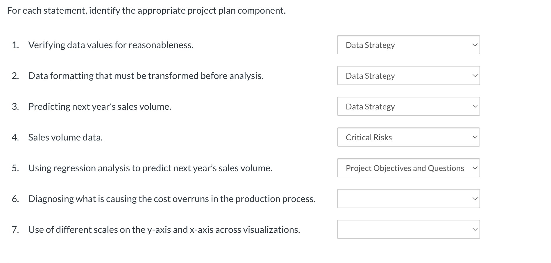  For each statement, identify the appropriate project plan component. Analysis Strategy