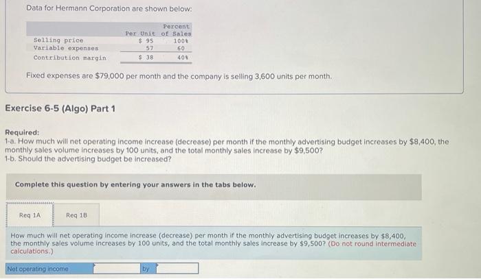  Data for Hermann Corporation are shown below: Selling price Variable expenses