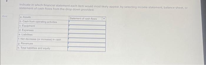  Print Indicate in which financial statement each item would most likely