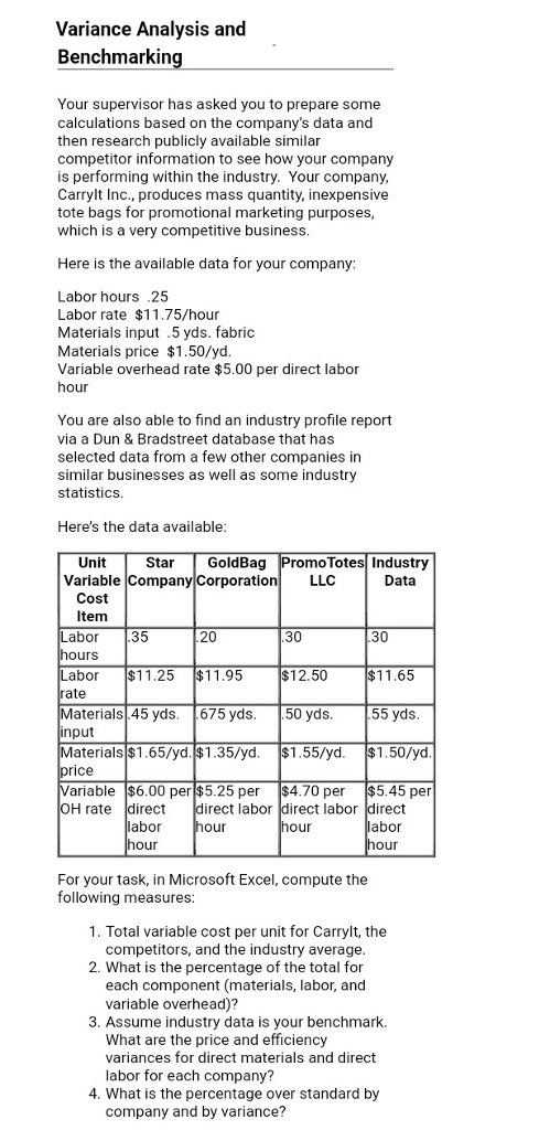  Variance Analysis and Benchmarkin Your supervisor has asked you to prepare