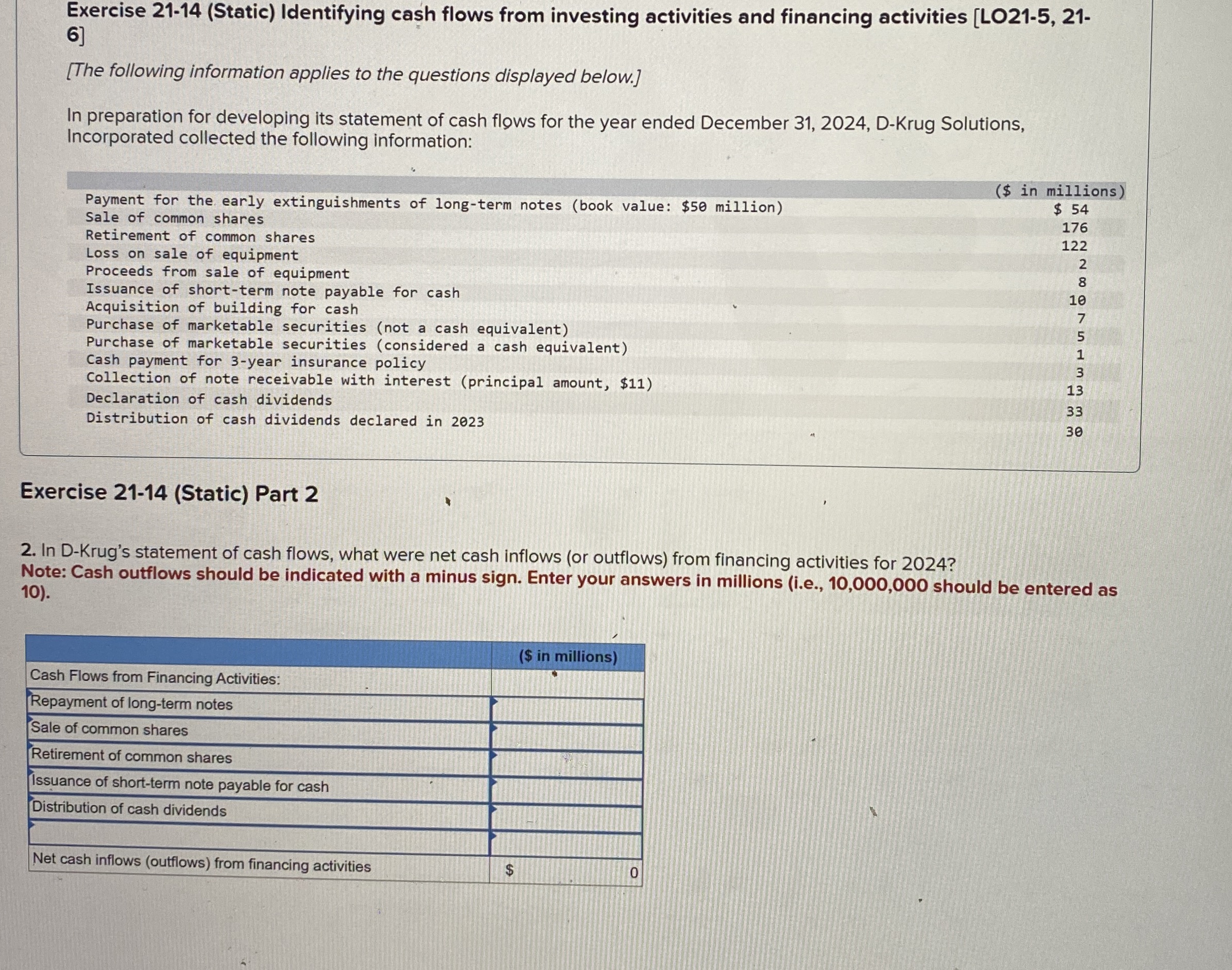  Exercise 21-14(Static) Identifying cash flows from investing activities and financing activities