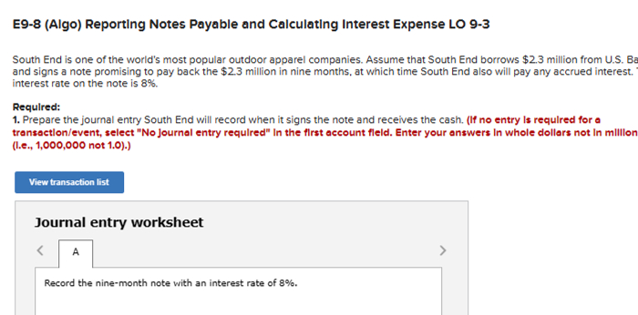  E9-8(Algo) Reporting Notes Payable and Calculating Interest Expense LO 9-3 South