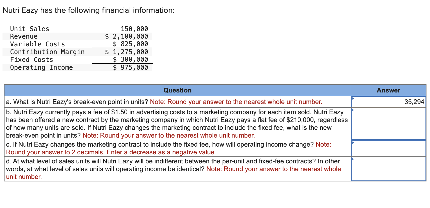  Nutri Eazy has the following financial information: 