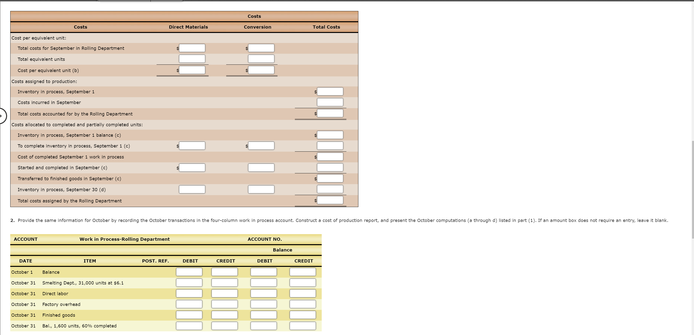 Aluminum Company \\ Cost of Production Report-Rolling Department \\ For the Month