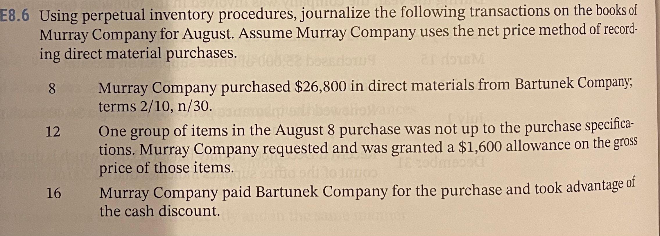 Introduction to Accounting An Integrated Approach Eighth Edition Chapter 8 E8.6 8.6