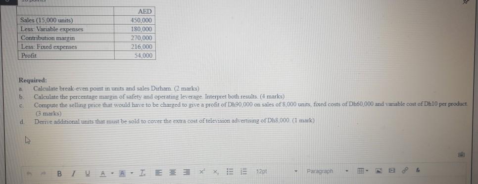 Sales (15,000 units) Less: Variable expenses Contribution margin Less Fixed expenses