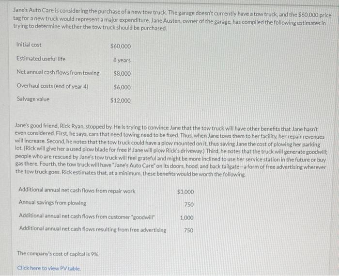 solve for net present value Jane's Auto Care is considering the purchase
