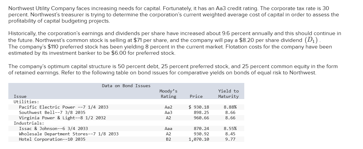 Northwest Utility Company faces increasing needs for capital. Fortunately, it has