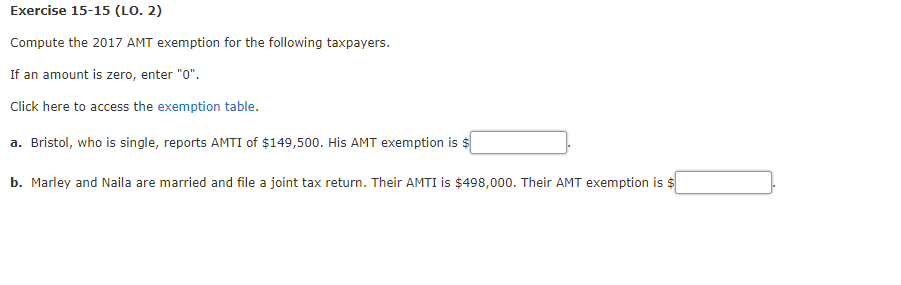 Exercise 15-15 (LO. 2) Compute the 2017 AMT exemption for the