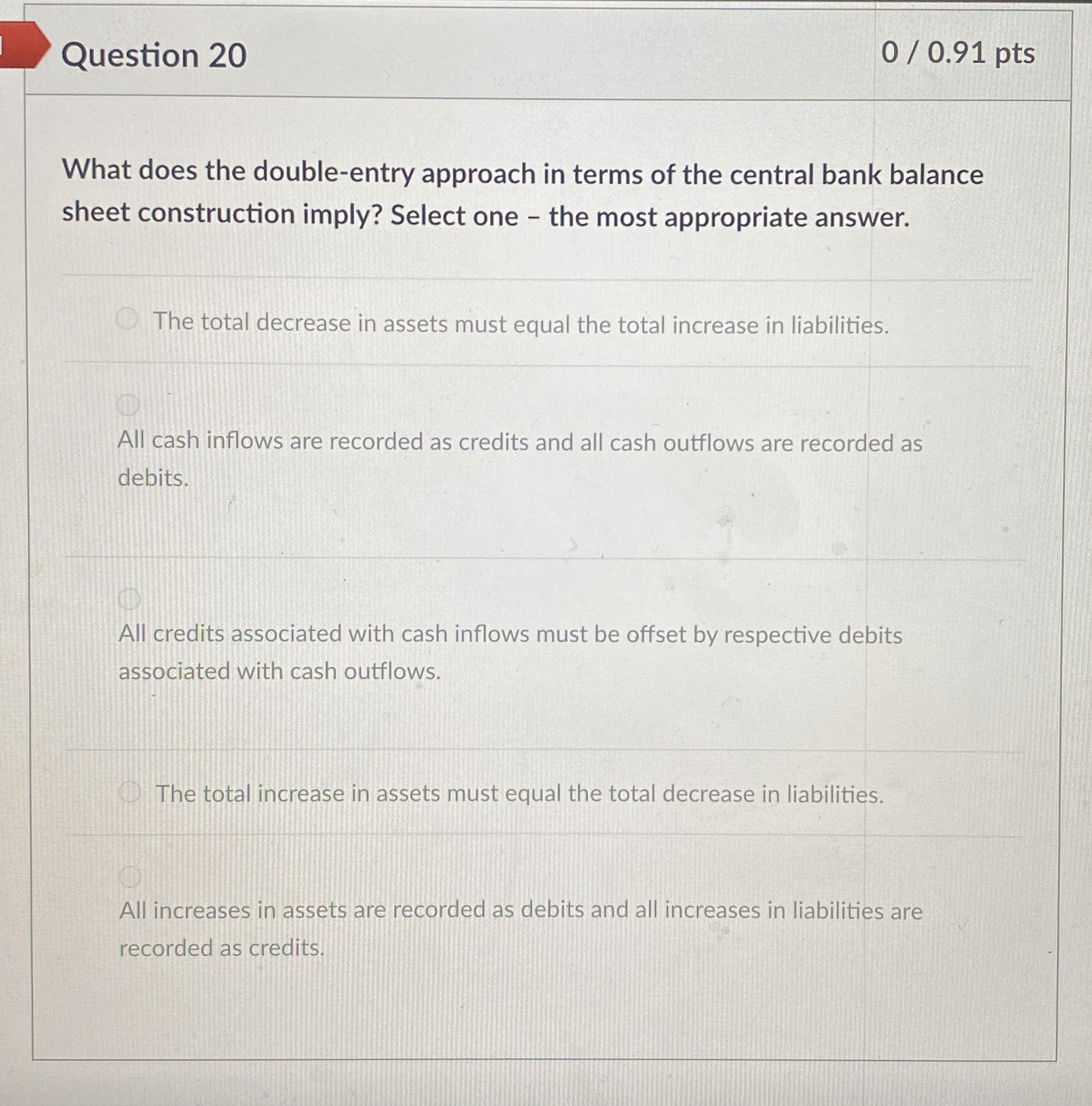  Question 20 0/0.91 pts What does the double-entry approach in terms