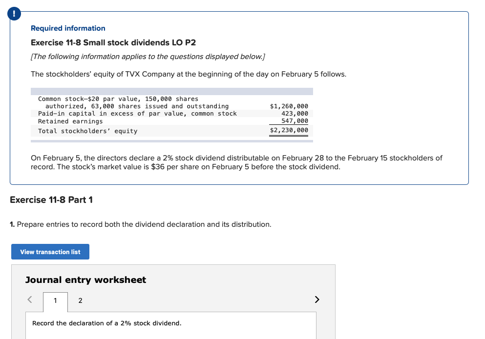 Required information Exercise 11-8 Small stock dividends LO P2 [The following
