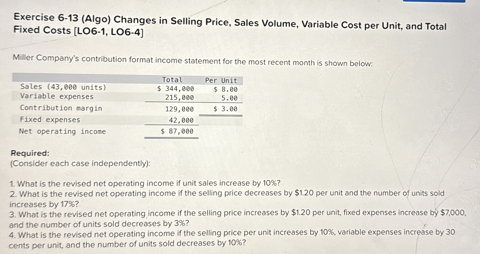  Exercise 6-13(Algo) Changes in Selling Price, Sales Volume, Variable Cost per