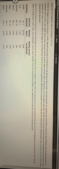  Chapter 11 Homework Problems ook Calculator Wage and Tax Statement Data