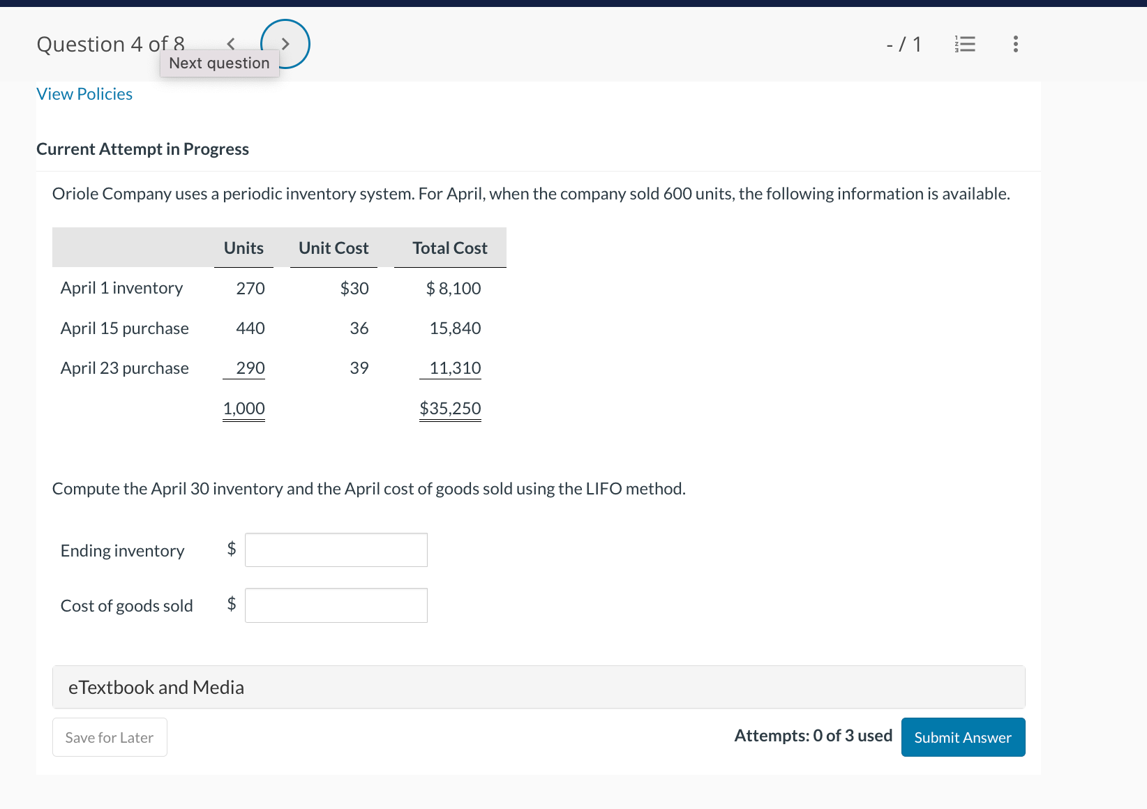 For April, when the company sold 600 units, the following information is