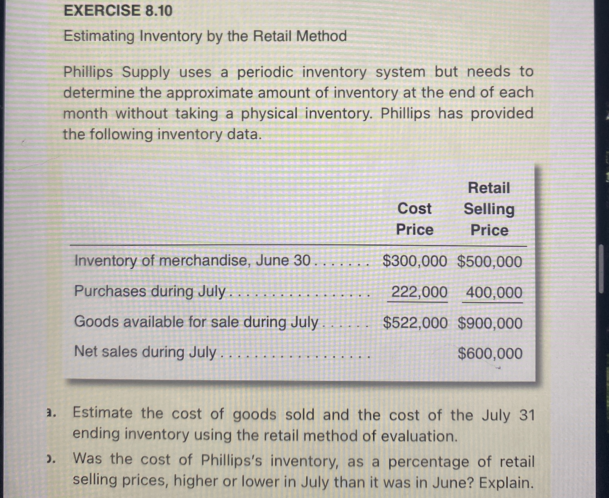  EXERCISE 8.10 Estimating Inventory by the Retail Method Phillips Supply uses
