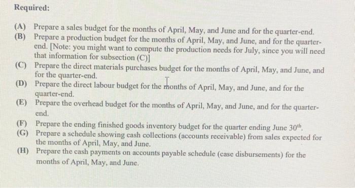 is preparing budgets for the upcoming quarter. April to June. Budgeted sales