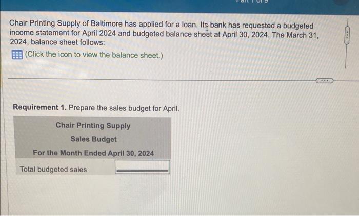 to view the balance sheet.) Requirements Requirement 1, Prepare ty \begin{tabular}{|l|l|l|} \hline