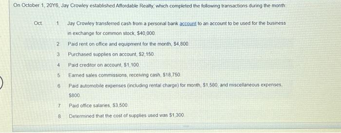  1. Josmalcet entries for transactions Oct. 1 through 9 . Refer