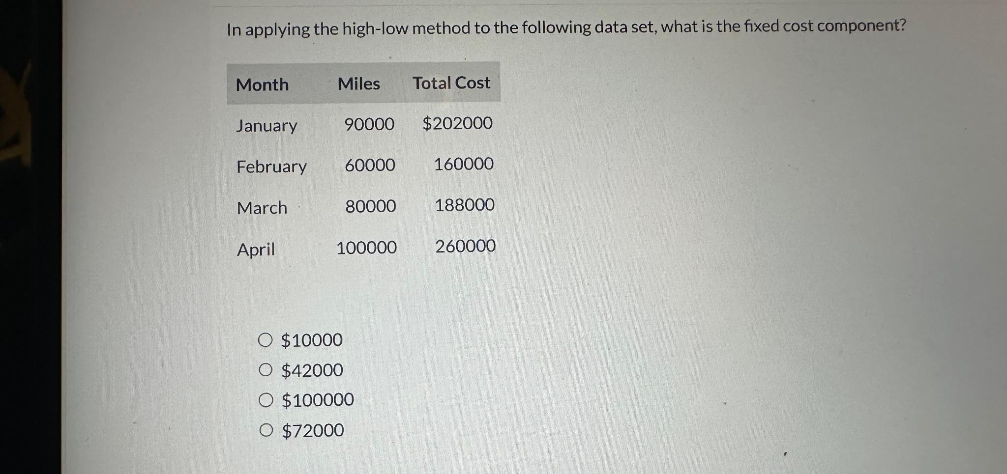 In applying the high-low method to the following data set, what
