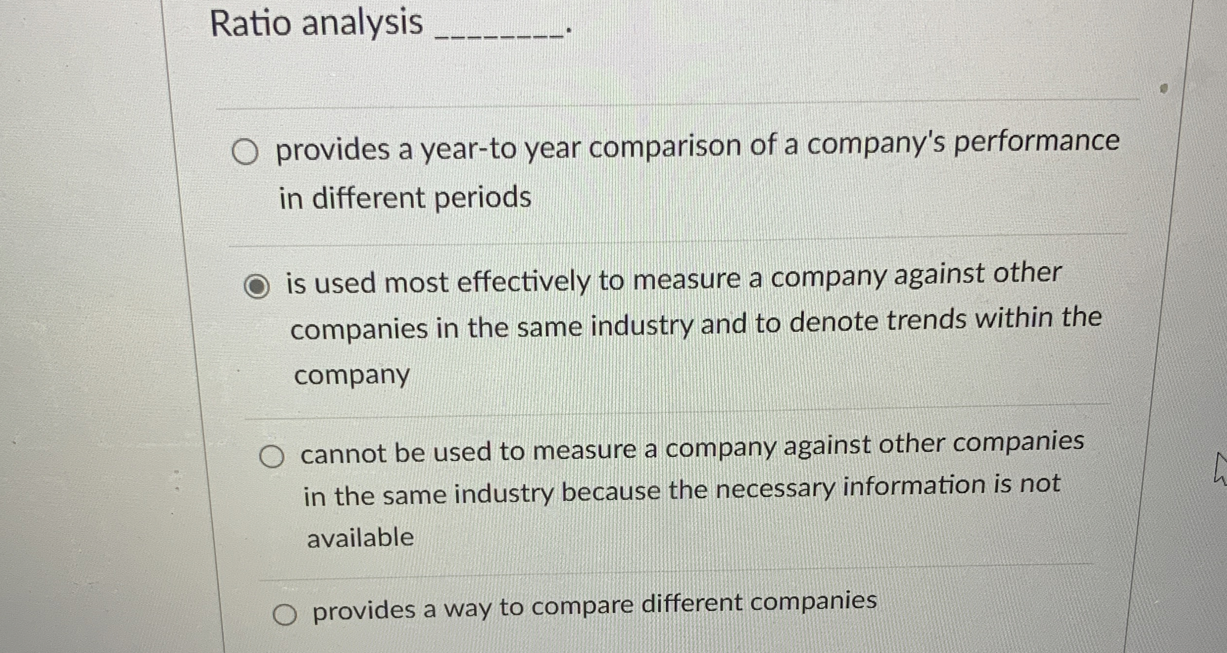  Ratio analysis q, provides a year-to year comparison of a company's