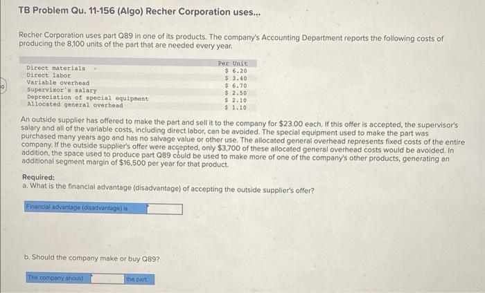  please solve, will upvote TB Problem Qu. 11-156 (Algo) Recher Corporation